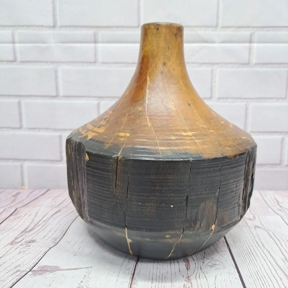 VTG Live Edge Sculptural Solid Wood Vessel Vase Weedpot Home Decor, 9in Tall